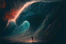 A Man A Surboard Looking At A 1000 Foot Wave Its Beautiful Its Stunning Its Mean Its Angry Its Deadly Dark Waters Beautful Vibrant Hellish 