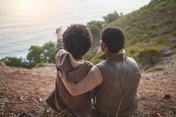 Poster - Relax, ocean and hiking with black couple on mountain for adventure, nature and sunrise. Peace, discovery and expedition with man and woman hiker on path for trekking, freedom and travel vacation