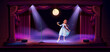 Pretty singer girl performing at concert. Vector cartoon illustration of beautiful young woman in elegant dress singing in microphone illuminated with spotlight on theater scene with red curtains