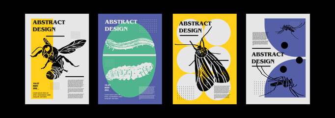 Wasp, bee, caterpillar, grub, clothes, moth, mole, mosquito, gnat. Set of vector posters with insects. Engraving illustrations and typography. Background images for cover, banner