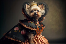Yorkshire Terrier Wearing A Regal Dress. Pet Portrait In Clothing. Dog Fashion. Post-processed Generative AI
