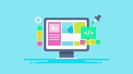 Web design - UI interface with text, colour and coding on computer screen animation video concept.