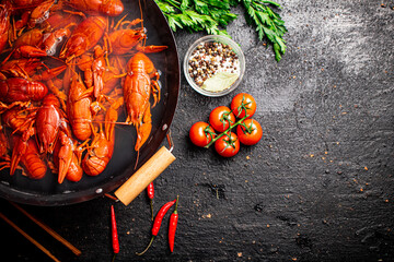 Poster - A pot of boiled crayfish and spices. 