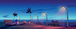 Night urban embankment illuminated with street lights. Cartoon vector illustration of empty seaside city promenade with benches, palm trees, many stars shining on dark sky. Game background design