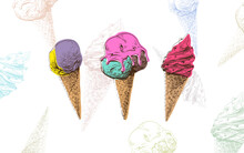 Bright Banner With Ice Cream Illustration. Template Advertising Placards Design. Hand Drawn Vector Clip Art. 