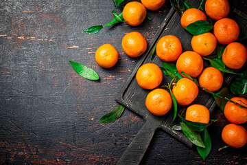 Wall Mural - Fragrant fresh tangerines on a cutting board. 