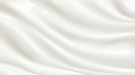 Texture of white yogurt, milk or cream surface. Abstract background with soft silk fabric, liquid yoghurt, dairy product or cosmetic creme, vector realistic illustration