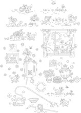 Cartoon Set Of A Funny Plump Cat And Various Household Things, Collection Of Black And White Outline Vector Illustrations For A Coloring Book
