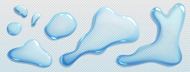 Wall Mural - liquid spills, water drops and puddles isolated on transparent background. clear droplets of pure aq