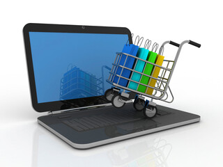 3d rendering e-shopping concept, shopping bag in trolley with laptop