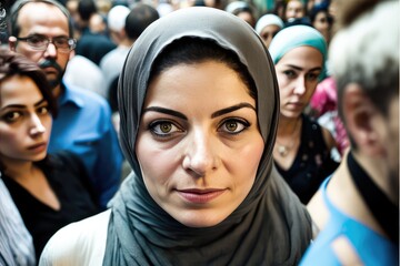 Canvas Print - Muslim woman at a middle eastern city street market looking at the camera. generative AI