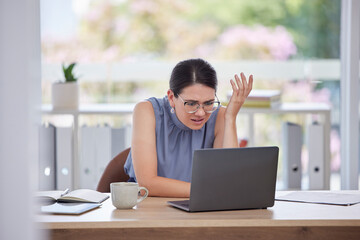 Poster - Stress, error and woman with glitch on laptop in office frustrated, upset and confused from 404 report. Technology, cyber security and girl worker with digital hacker, spam and scam problem in office