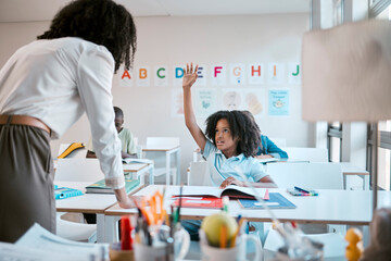 Canvas Print - Question, school and education with a black girl student hand raised in a classroom to ask or answer her teacher. Kids, asking and learning with a young female child in class to study for growth