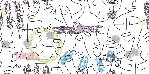  One line drawing. Abstract face seamless pattern.