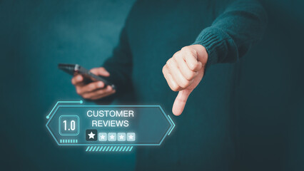 Aufkleber - Man give negative reviews for customer satisfaction surveys. One star rating for testimonial, customer evaluation feedback, service rating satisfaction and certification concept.
