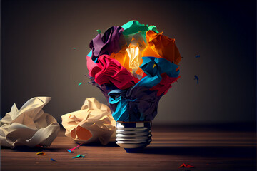 Great idea concept with crumpled colorful paper and light bulb.