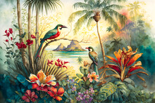 Tropical Paradise Wallpaper. Trees And Birds With Detailed Watercolor Paintings Of A Serene, Tropical Hawaiian Landscape.