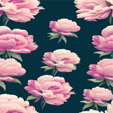 Pink Peonies Flowers And Leaves Floral Vector Seamless Pattern Spring Summer On Black Background. Decorative Vintage Beautiful Romantic Floral Illustration Wallpaper For Valentine's Day Or Women's Day