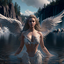 An Angelic Woman Rising From A Lake. A Fantastic Digital Illustration