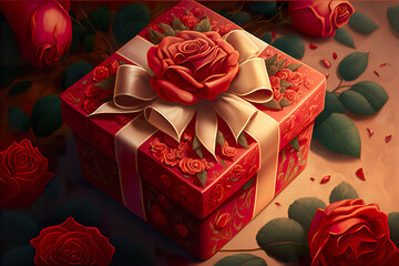 Wall Mural - Red Present and flower gift made by generative ai
