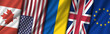 Wavy flags of Canada, USA, Ukraine, United Kingdom and European Union. Vector wide banner. Political and military alliance.