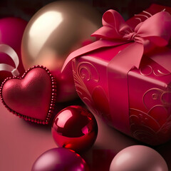 Wall Mural - Red & Pink Presents and heart-shaped gifts made by generative ai