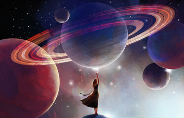 space background for astrology, a woman touches the planet. futuristic mystical background, subconsc
