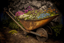 Garden Equipment Old Iron Wheelbarrow With Earth And Flowers
