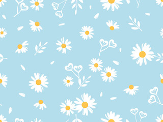 Sticker - Seamless pattern with daisy flower, branches and heart shaped leaves on blue background vector illustration.