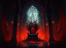 Illustration Of The Hell Throne Hall With A Throne, Idea For Scary Background Backdrop
