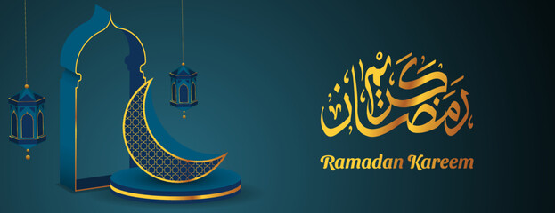 ramadan kareem banner background with golden arabic calligraphy. vector illustration