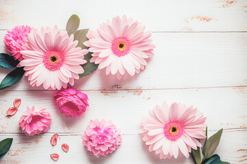 Beautiful pink flowers on white wooden background, Valentine's day concept with copy space. Generative AI