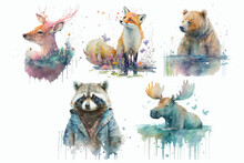 Safari Animal Set Deer, Moose, Fox, Bear, Raccoon In Watercolor Style. Isolated Vector Illustration