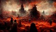 canvas print picture - hell landscape hellish environment demons in the background evil sinister cinematic high detail 