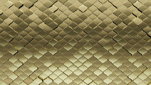 3D Tiles Arranged To Create A Polished Wall. Gold, Arabesque Background Formed From Luxurious Blocks. 3D Render