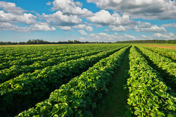 Strawberries plantation on a sunny day. Landscape with green strawberry field with blue cloudy sky