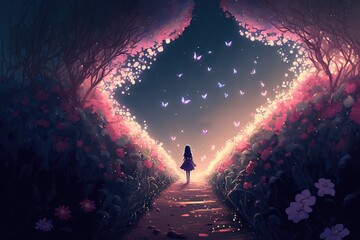 beautiful flower tunnel in spring time, butterfly fly around, a girl stand at the end of tree tunnel Generative Ai