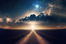 Way Path To Heaven With Light Glow From The Eternal Horizon, Concept Of Adventure To Unknown Place