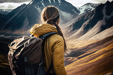 Wall Mural - backside of a hiker looking at mountains and valley, ai generated