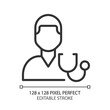 Diagnostics pixel perfect linear icon. Determine disease. Physician checkup. Medical procedure. Symptoms and signs. Thin line illustration. Contour symbol. Vector outline drawing. Editable stroke