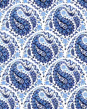 Cute Seamless Paisley Pattern. Wavy Blue And White Background. The Ornament Is Drawn In Doodle Style. Vector Illustration.
