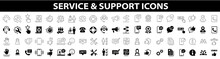 Customer Service And Support Icon Set. Support Service. Helpdesk, Quick Response, Feedback. Technical Support, Help, Call Center, Hotline, Live Chat And Assistance. Vector Illustration