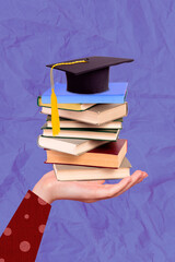 Wall Mural - Photo collage of hand holding stack books from library preparation last exam university graduation degree bachelor isolated on purple background