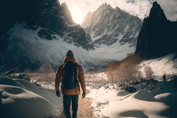 Wall Mural - hiker walking along path in the mountains, ai generated