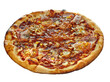 © KPad - Large delicious pizza with corn, tomatoes, ham and oregano, highlighted on a white background. One hundred percent sharpness.