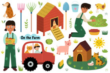 On The Farm Set With Cute Animals And Kids Farmers. Countryside Life Elements Collection In Cartoon Style. Boy And Cat On A Tractor, Pig, Dog With A Kennel, Hen In A Chicken Coop. Vector Illustration