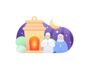 Wall Mural - a Muslim man and woman celebrate and wish a happy Eid al-Fitr and Eid al-Adha. Giving greetings and congratulations. fanus or ramadan lantern. Ramadan Kareem. illustration concept design. vector