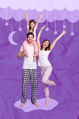 Poster - Exclusive magazine picture sketch collage image of funky smiling family having fun going sleep together isolated painting background