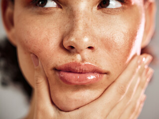 Wall Mural - face, freckles and woman with real skin care, thinking and makeup, cosmetics for grooming or hygiene