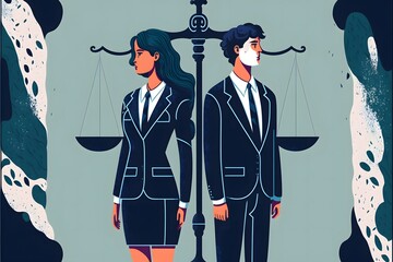 Wall Mural - Gender equality poster with a man and woman with a weight balance scale